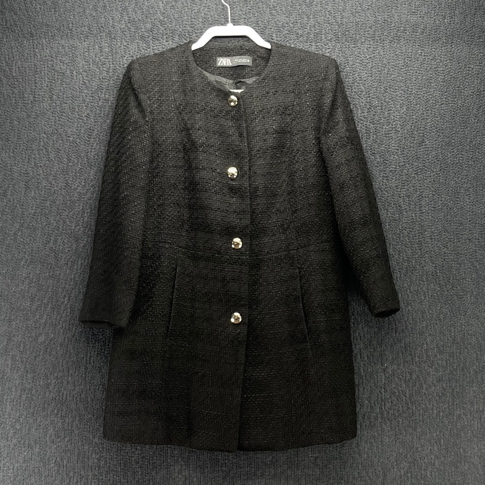 ZARA Women Black Textured Tweed Collarless Longline Button Front Coat XL